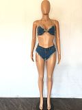 Blue Denim Chain Patchwork Halter Bikini 2 Piece Sets LA-3316