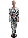 Tie Dye Print Crop Tops Ruched Stacked Pants Set SHA-86321