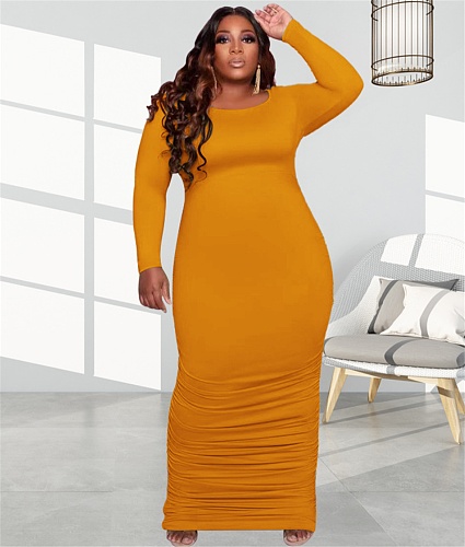 Solid Color Long Sleeve Ruched Plus Size Dresses OSS-22437