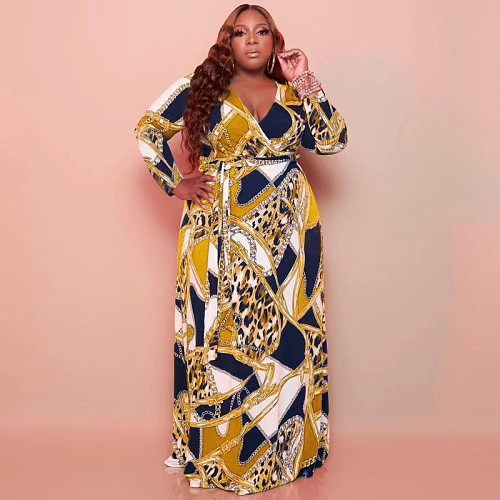 Plus Size Long Sleeve Print with Sashes Maxi Dresses OSS-22429