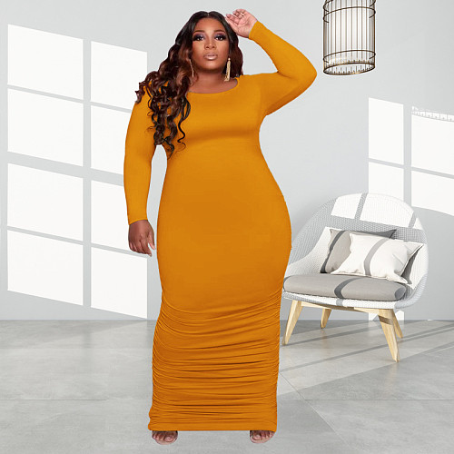 Solid Color Long Sleeve Ruched Plus Size Dresses OSS-22437