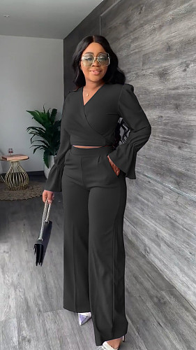 Flare Sleeve Crop Top And Wide Leg Pants Sets YS-826