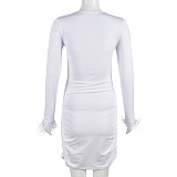 V Neck Long Sleeve Feathers Ruched Bodycon Dress BANT-6701