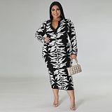 Casual Printed Lapel Long Sleeve Plus Size Dresses YNS-1857