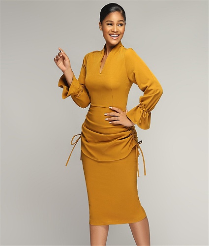Flare Long Sleeve Drawstring Ruched Bodycon Dress MIL-352