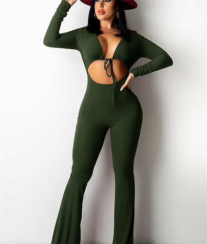 Ribbed Cut Out Lace Up Skinny One Piece Jumpsuit ME-21Y971