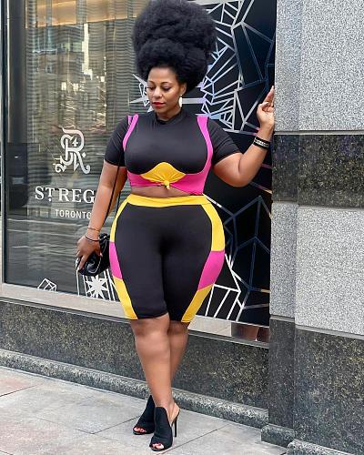 Contrast Color Crop Top Joggers Shorts Tracksuits ME-21Y6059