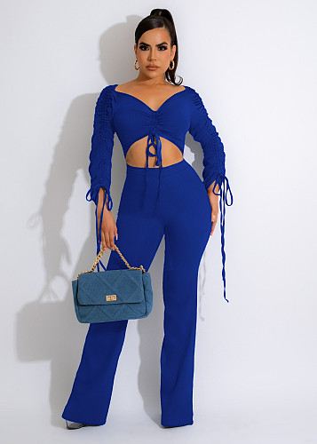 Ribbed Drawstring Ruched Crop Top Full Pants Suit ME-22Y8186