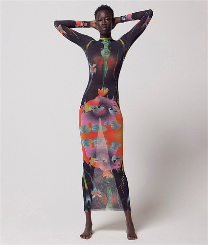 High Waist 3D Printed Long Sleeve Slim Fit Wrap Dress DLS-22D18450