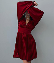 Stain Deep V Neck Long Sleeve Pleated Dresses ME-22S8204