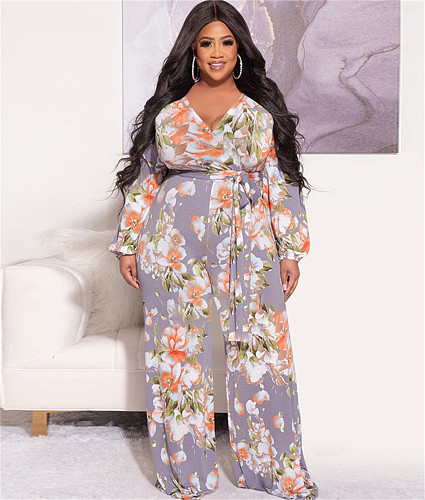 Plus Size Floral Print Long Sleeve Loose Jumpsuits OSS-22463