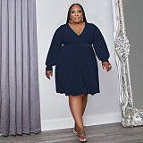 Solid Long Sleeve Deep V Neck Plus Size Dresses OSS-22488