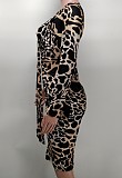 Leopard Print Long Sleeve Slim Fit Ruched Dresses XMY-9387