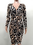 Leopard Print Long Sleeve Slim Fit Ruched Dresses XMY-9387