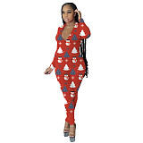 Christmas Snowman Print Zip-Up Bodycon Jumpsuit ZHUOM-9169