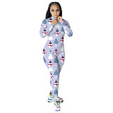 Christmas Snowman Print Zip-Up Bodycon Jumpsuit ZHUOM-9169