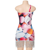 Cut Out One Shoulder Sleeveless Tassel Hem Dresses MXXB-22DS426
