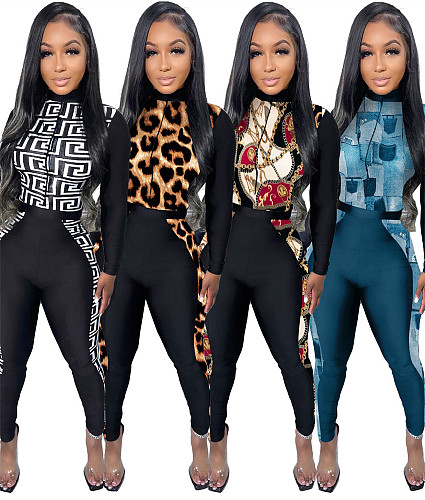 Long Sleeve Print Front Zipper Skinny One Piece Jumpsuit NY-10276