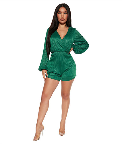 Casual Pleated V Neck Long Sleeve Rompers MF-9016