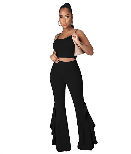Solid Camisole Crop Top Flare Pants 2 Piece Set PIN-8701