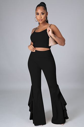 Solid Camisole Crop Top Flare Pants 2 Piece Set PIN-8701
