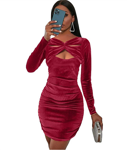 Cut Out Ruched Long Sleeve Bodycon Velvet Dresses GB-8040