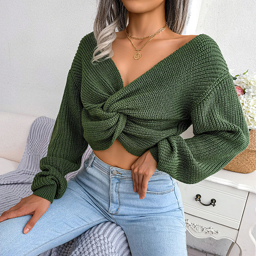 Long Sleeve Knotted Knit Sweater Crop Tops BJS-2074