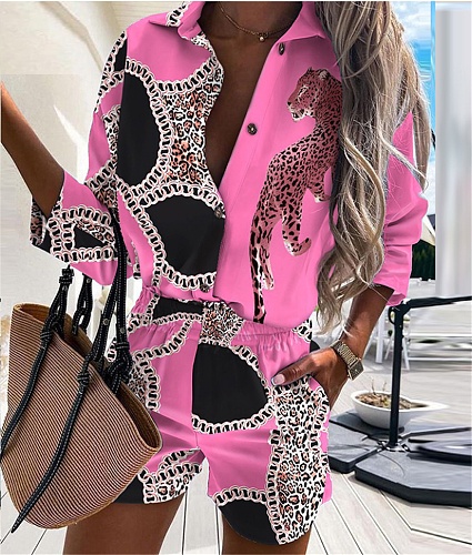 Casual Print Button Shirt Top And Shorts 2 Piece Set RS-ST0124