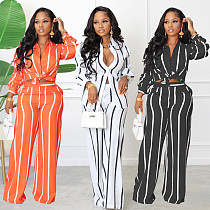 Street Striped Long Sleeve Shirt and Straight Pants Suit RS-6007
