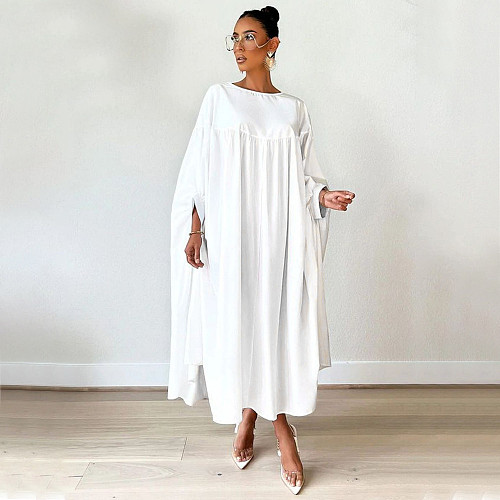 Loose Raglan Sleeves Irregular Pleated White Dresses BGN-271