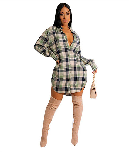Lapel Plaid Single Breasted Casual Women Shirts BN-9400