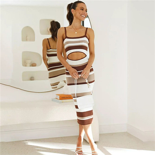Y2K Stripe Knitted Spaghetti Strap Cut Out Dresses DLS-22D21443