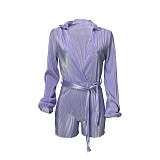 Deep V Neck Long Sleeve Lace Up Pleated Romper ME-22Y8221
