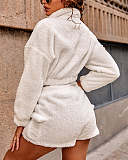 Plush Fleece Cardigan Coat Crop Top Shorts Set WDS-221001