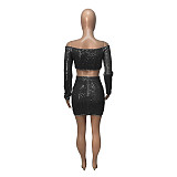 Sequin Slash Neck Lace-up Crop Top Skirts Set 2 pcs ME-22S8215