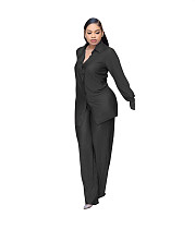 Solid Single Breasted Shirt Tops Wide Leg Pants Set CM-8638