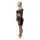 Sequin Slash Neck Lace-up Crop Top Skirts Set 2 pcs ME-22S8215