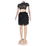 Sexy See-through Hot Drill Crop Top Nightclub Skirt Sets NY-2562