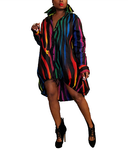 Colorful Stripe Print Loose Irregular Shirt Dresses ZAND-31255