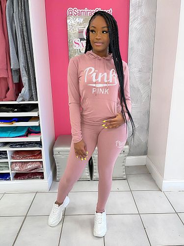 PINK Letter Print Hoodie Leggings Two Piece Set ZHUOM-9173