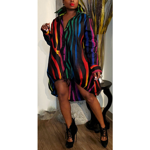 Colorful Stripe Print Loose Irregular Shirt Dresses ZAND-31255