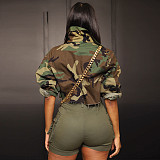 Camouflage Print Lapel Big Pockets Cropped Jacket SH-390421