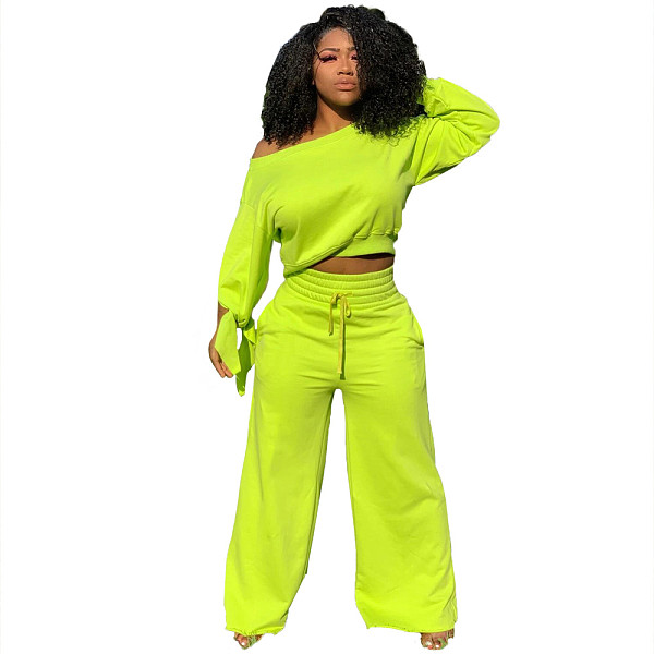 Solid Loose Crop Top Elastic Straight Pants 2 Pieces Set RS-6021