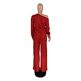 Long Sleeve Tie Cuff Crop Top+Wide Leg Pants Suits BLQ-0249