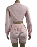 Long Sleeve Crop Tops Ruched Biker Shorts Suit WPH- 21008