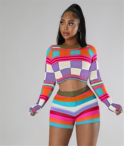 y2k Knitted Color Block Crop Top and Shorts Outfits ME-22Y8227