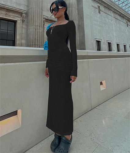 Solid Square Collar Long Sleeve Stretchy Maxi Dresses QIM-7079