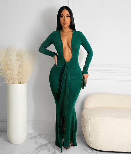 Sexy Deep V Cleavage Long Sleeve Party Dresses ASL-6616