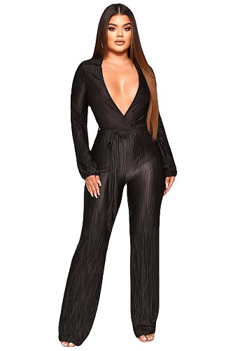 V Neck Lace Up Floor Length Wide Leg Pleated Jumpsuits OSM-4379