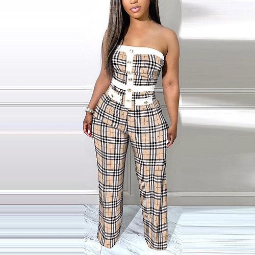 Classic Plaid Printed Strapless Wide Leg Jumpsuits NY-10326